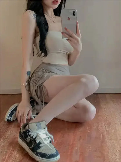 Sexy Women Summer Mini Skirts Drawstring High Waist Wrapped Hip Skirt Female Wild Solid Folds Slim Elastic Shorts Y2K Skirts