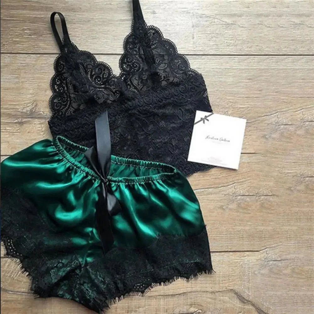 Women Pajamas Set Sexy Satin Lace Sleepwear Lingerie Ladies Elastic Suspender Shorts  Nightwear Suits Sleeveless Underwear Tops