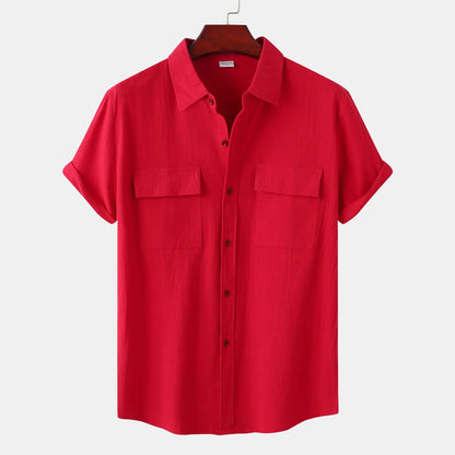 Turn Down Collar Men Shirts Solid Short Sleeve Shirts Single Breasted Casual Shirt Buttons Cardigan Sports Loose Breathable