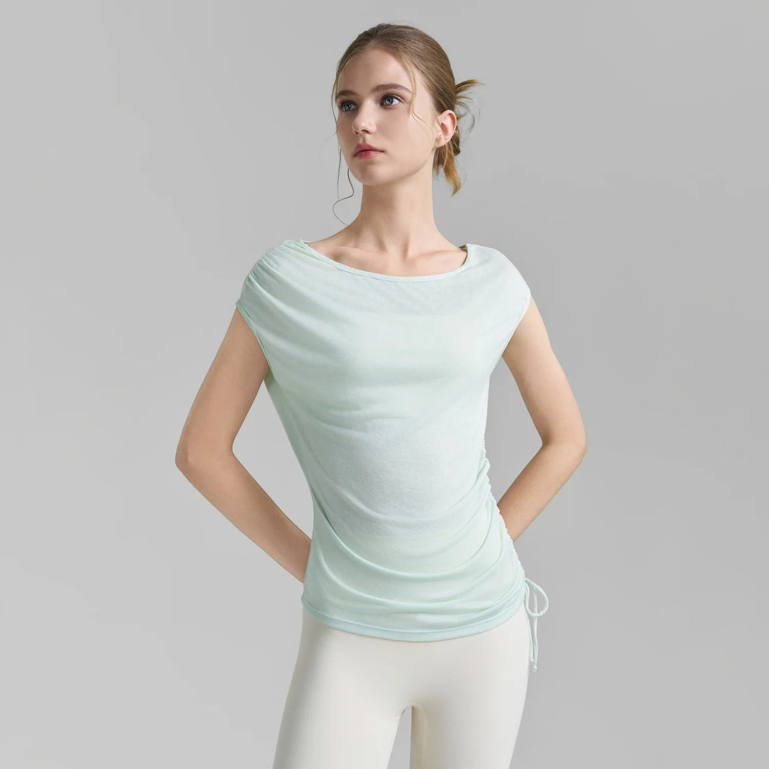 Sleeveless Pleated Cover Shirt with Drawstring, Tight Waist, High-end Feeling, Breathable and Slimming Sports T-shirt