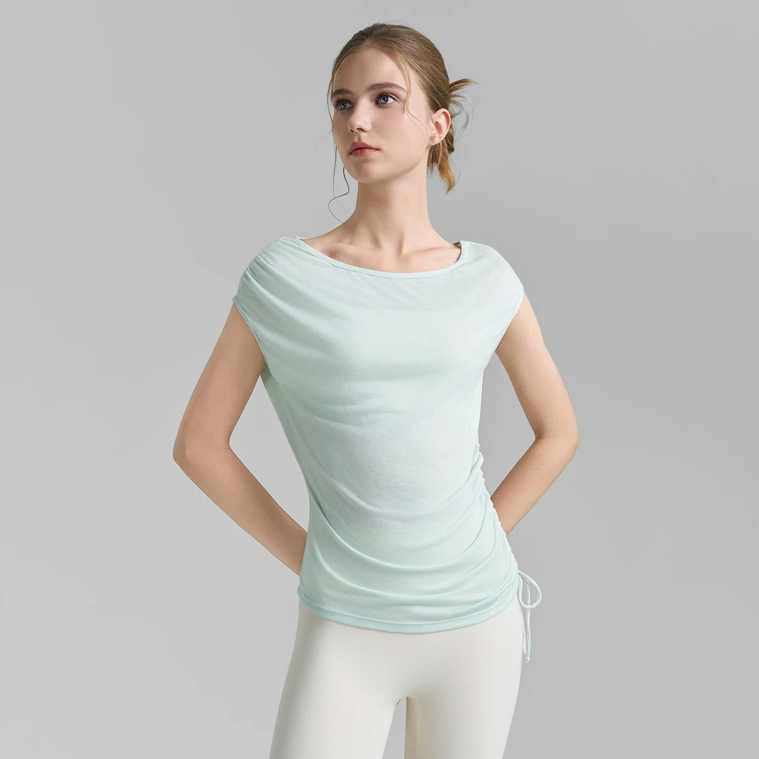 Sleeveless Pleated Cover Shirt with Drawstring, Tight Waist, High-end Feeling, Breathable and Slimming Sports T-shirt