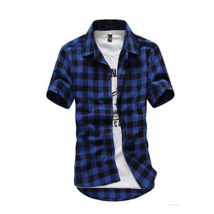 2025 New Summer Fashion Button Up Chemise Homme Checkered Shirts Men Short Sleeve Blouses Tops