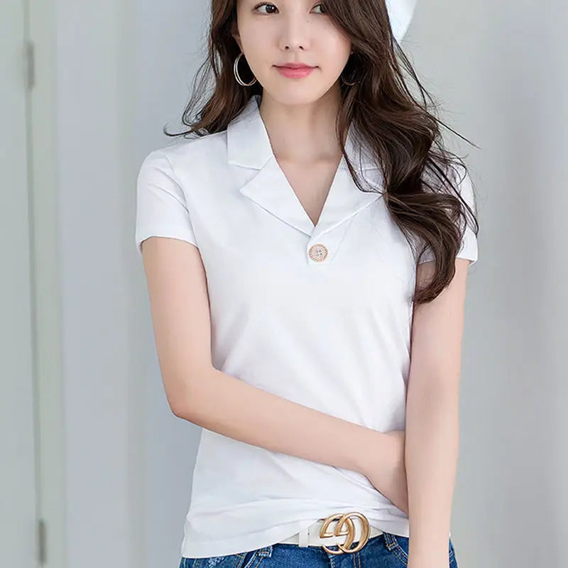 T-shirt Woman Button Tops Short Sleeve Tee Clothing Plain Polo Neck Shirts for Women Trend Luxury Polyester High Quality Sale V