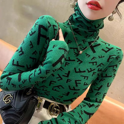 Women Clothing Elegant Fashion Letter Knit Pullover Autumn Winter Casual All-match Half High Collar Long Sleeve Sweater Slim Top