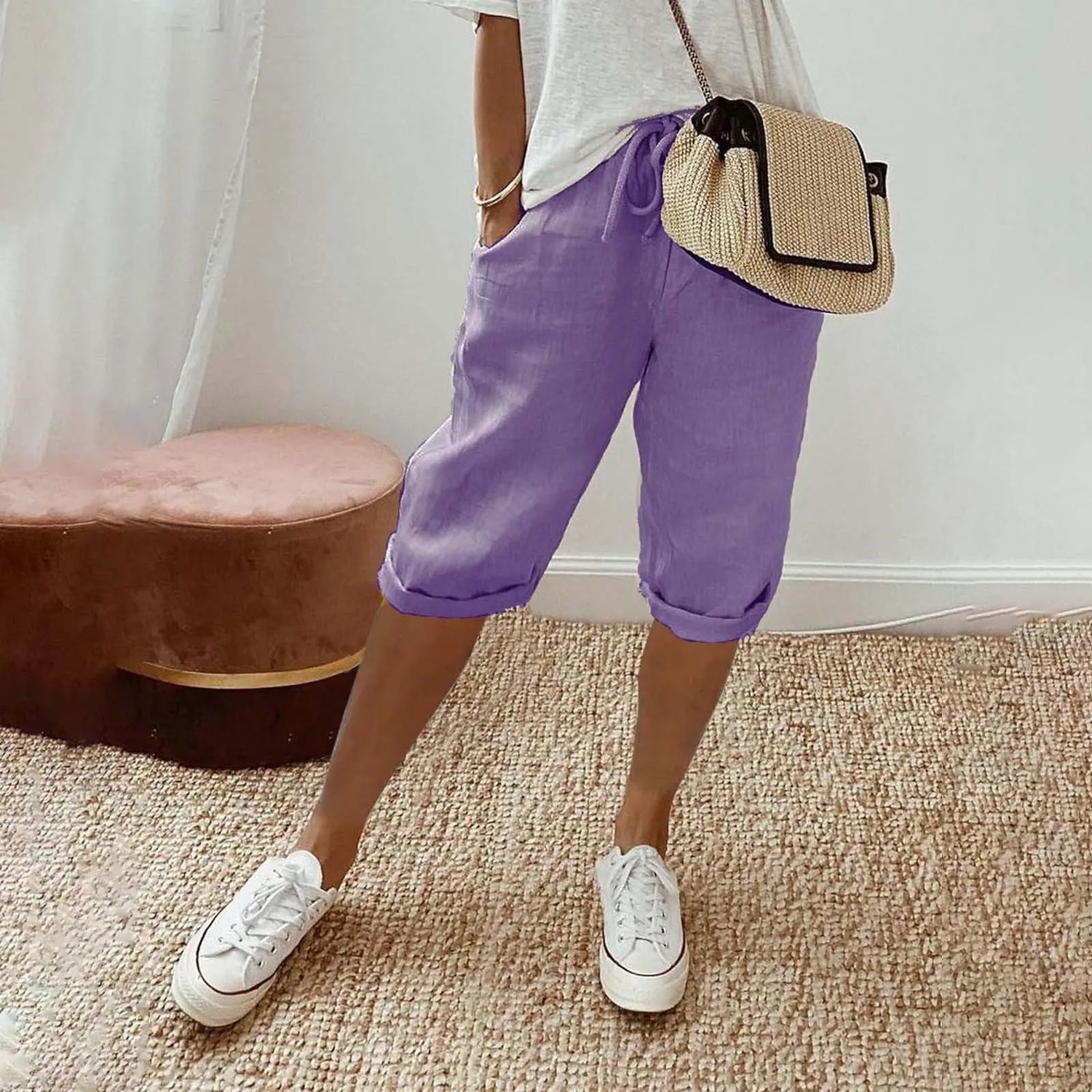 Casual Cotton Linen Pants For Female Streetwear Solid Color Wide Leg Capri Versatile Palazzo Pants Baggy Cargo Pants With Pocket