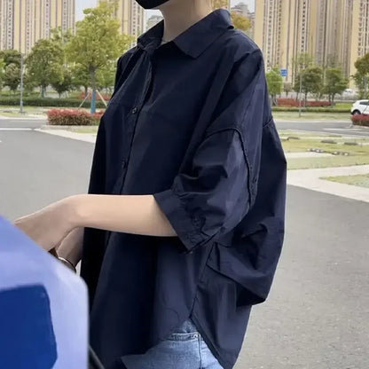 Women Blouses Elegant Streetwear Office Casual Loose Button Up White Blue Long Sleeve Vintage Oversize Shirt Tops