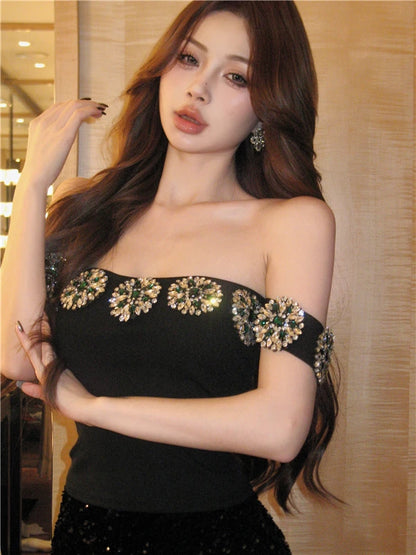 Korean Fashion Clothing Sexy Tanks Women Heavy Diamond 3D Floral Tanks Crop Tops Temperament Tunic Summer Camis 2025 Ropa Mujer