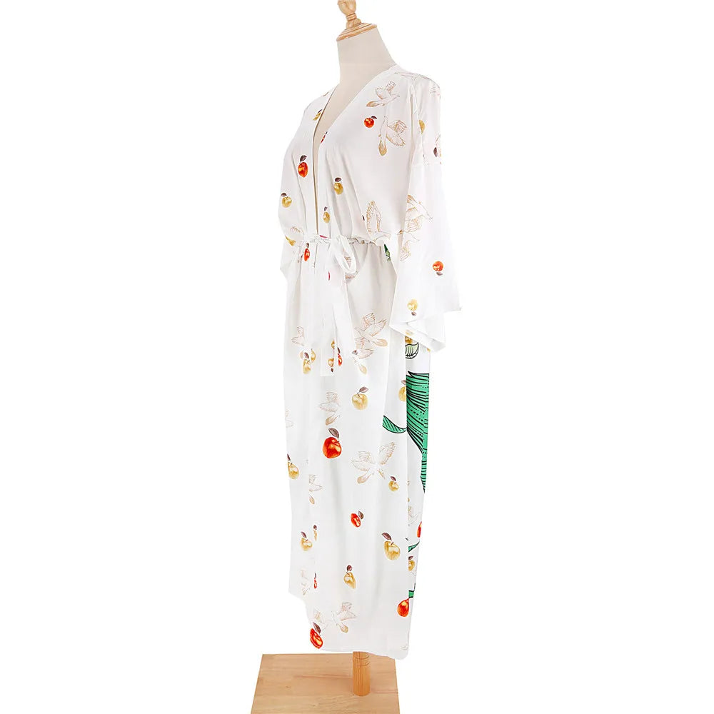Bird Flower Print Kaftans for Woman Tunicas Femininas Beach Cover Up 2026 Summer Maxi Beach Wear Outfits Kaftan Dresses Womens