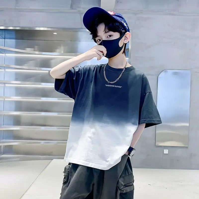 Kids Clothes T Shirt Summer Boys Girls Color Block Gradient Short Sleeve T Shirt Tops Children&