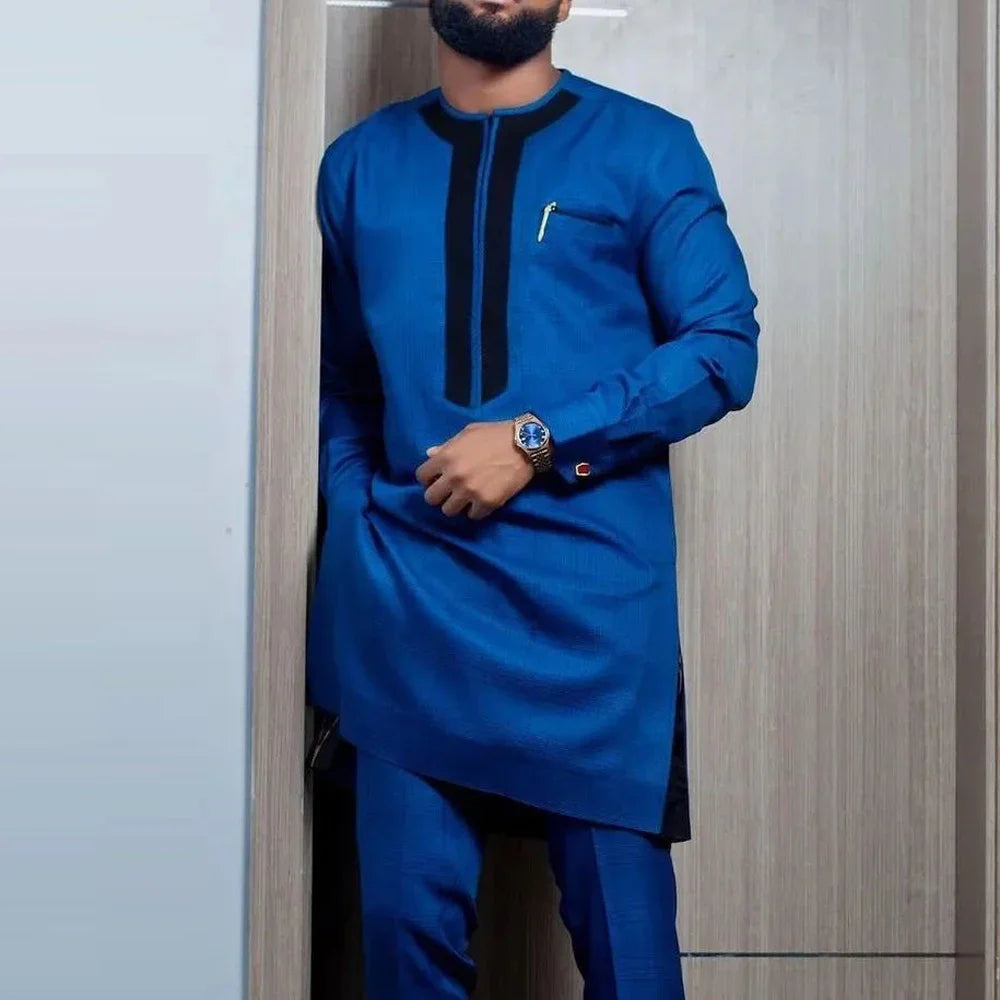 Kaftan Men Wedding Suits Groom Embroidered Pocket Top And Pants Kaunda Suit African casual Outfits Party Fashion Two-piece Set