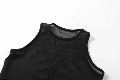 Sleeveless Sexy Tank Top Women Clothing See Through Y2k Accessories O-neck Palms Cute Mini T-shirts Mesh Black Ropa De Mujer