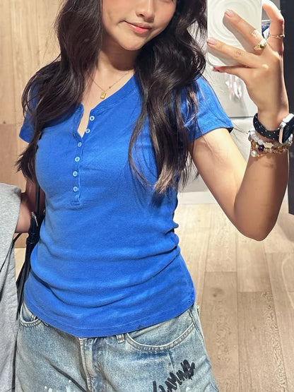 Six Buttons Short Sleeve T-shirts Woman Summer O-neck Cotton Slim Tee Tops Female Casual Simple Solid All-match Tshirts New