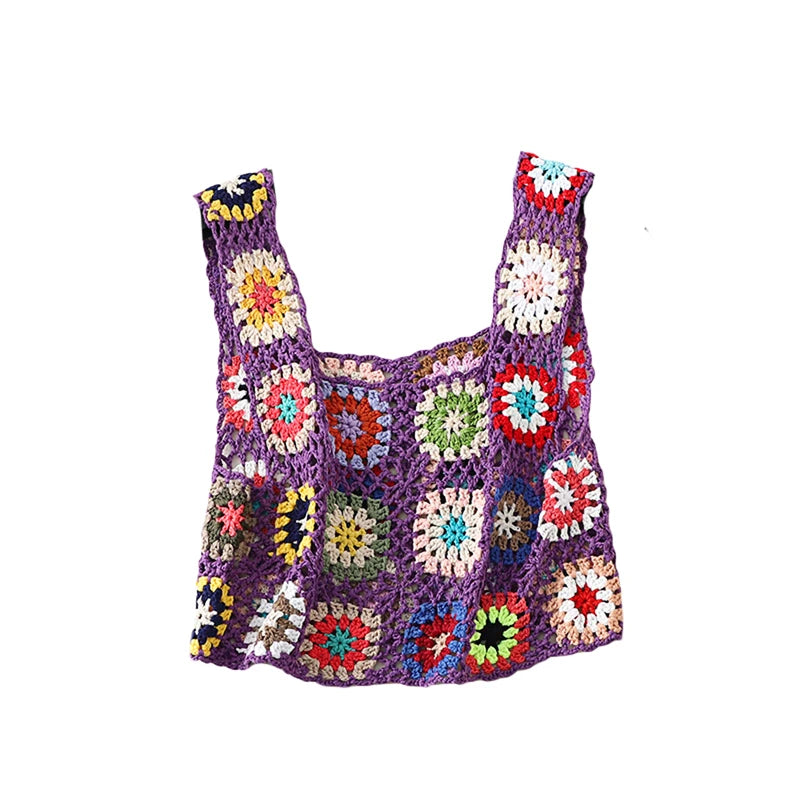 Women´s Summer Sleeveless Tops Colorful Hand Crochet Embroidery Openwork Knit Tank Tops