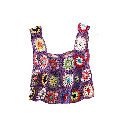 Women´s Summer Sleeveless Tops Colorful Hand Crochet Embroidery Openwork Knit Tank Tops