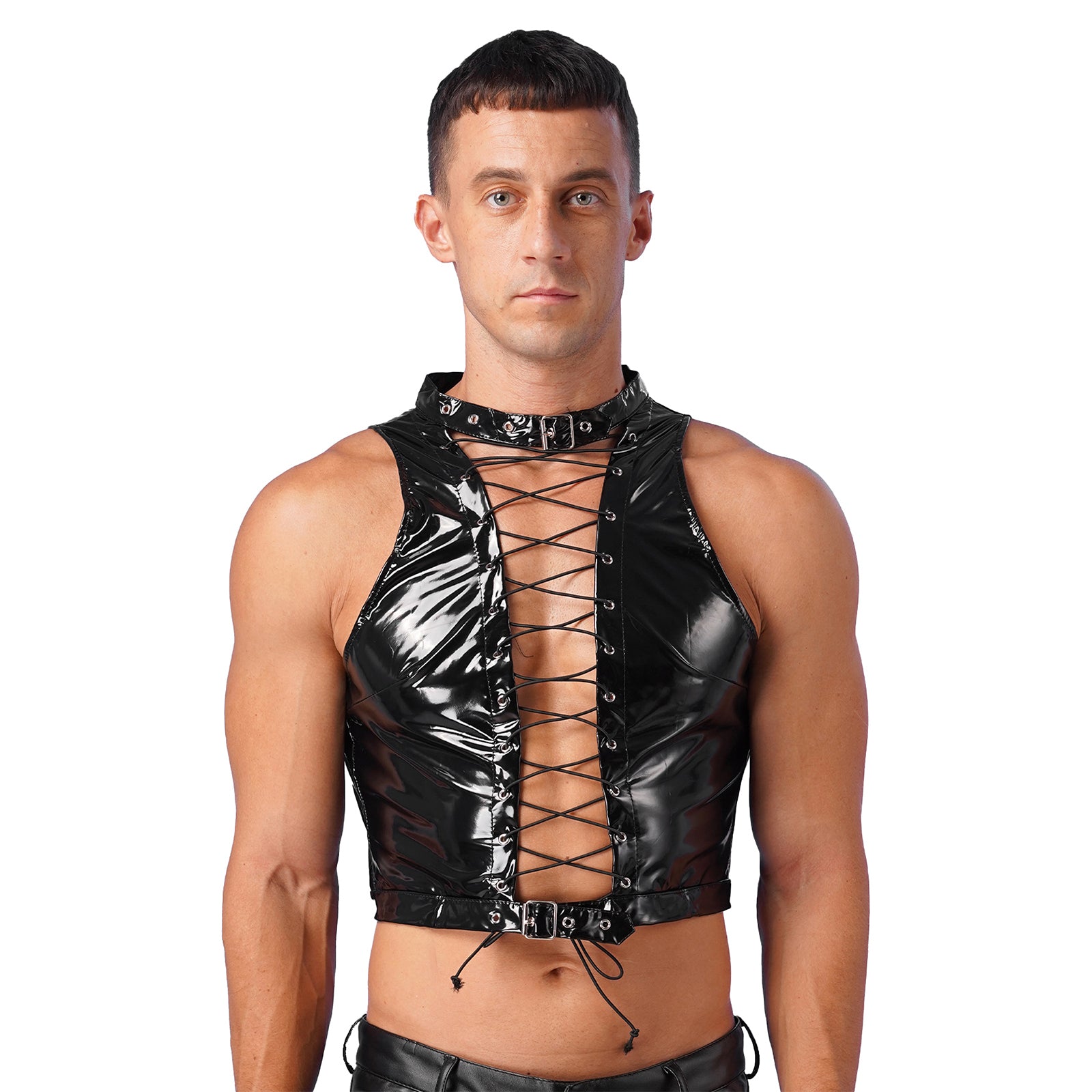 Mens Sleeveless Crop Top for Men Gothic Punk Clubwear Wet Look Patent Leather Vest Tops Hollow Out Eyelet Lace-Up Sleeveless Top