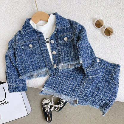 Kids Boutique Clothing New Autumn 2 Pieces Sets Girls Tops Jeans Coat Turn Down Collar Short All-match Fashion Preppy Style