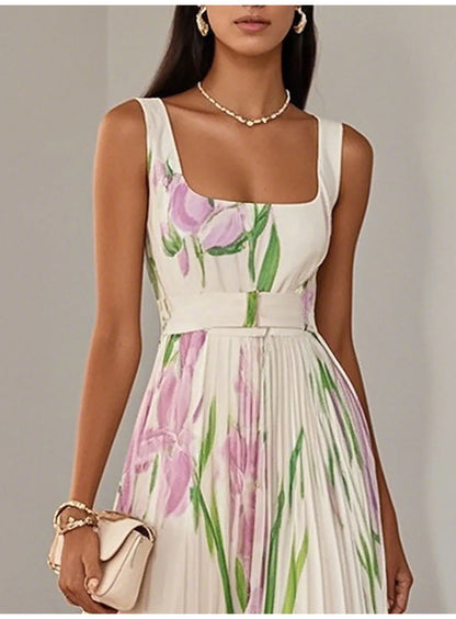 Sexy Flower Print Long Dress Women Summer 2025 Fashion Sleeveless Strap Maxi Dresses Elegant