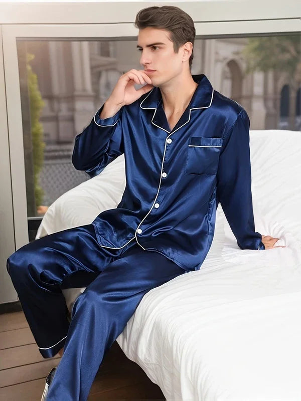 Men Pajama Sets Microfiber Sleepwear For Sleeping Man Shirt Satin Long Sleeve Pyjama Male Home Night Wear Plus Size Loungewear