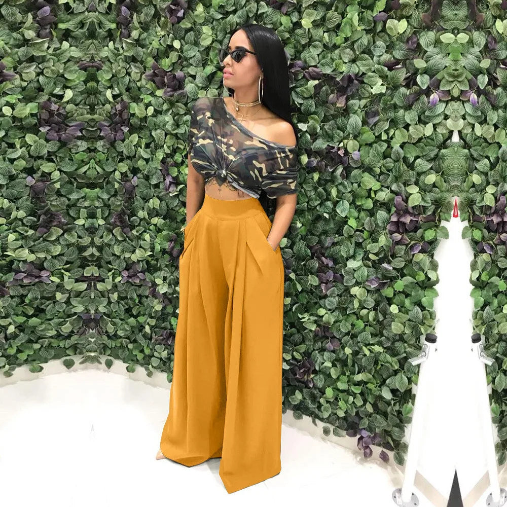 Women Casual Loose Palazzo Pants Autumn High Waisted Wide Leg Trousers Pleated Long Culottes Pants Elastic Waist Trouser Pockets