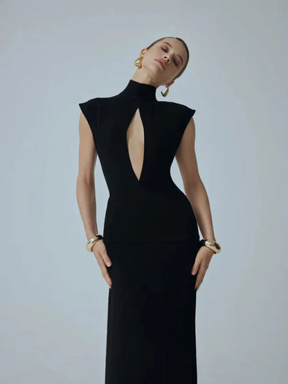 Solid Dresses For Women Fashion Sexy Streetwear Short Sleeves Turtleneck Hollow Out Sheer Long Vestidos Robes Female Elegant Fit