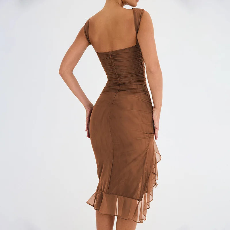 2025 Spring And Summer Sleeveless Dresses Women New Fashion Mesh Tight Solid Color Elegant Temperament Irregular Hem Vestidos