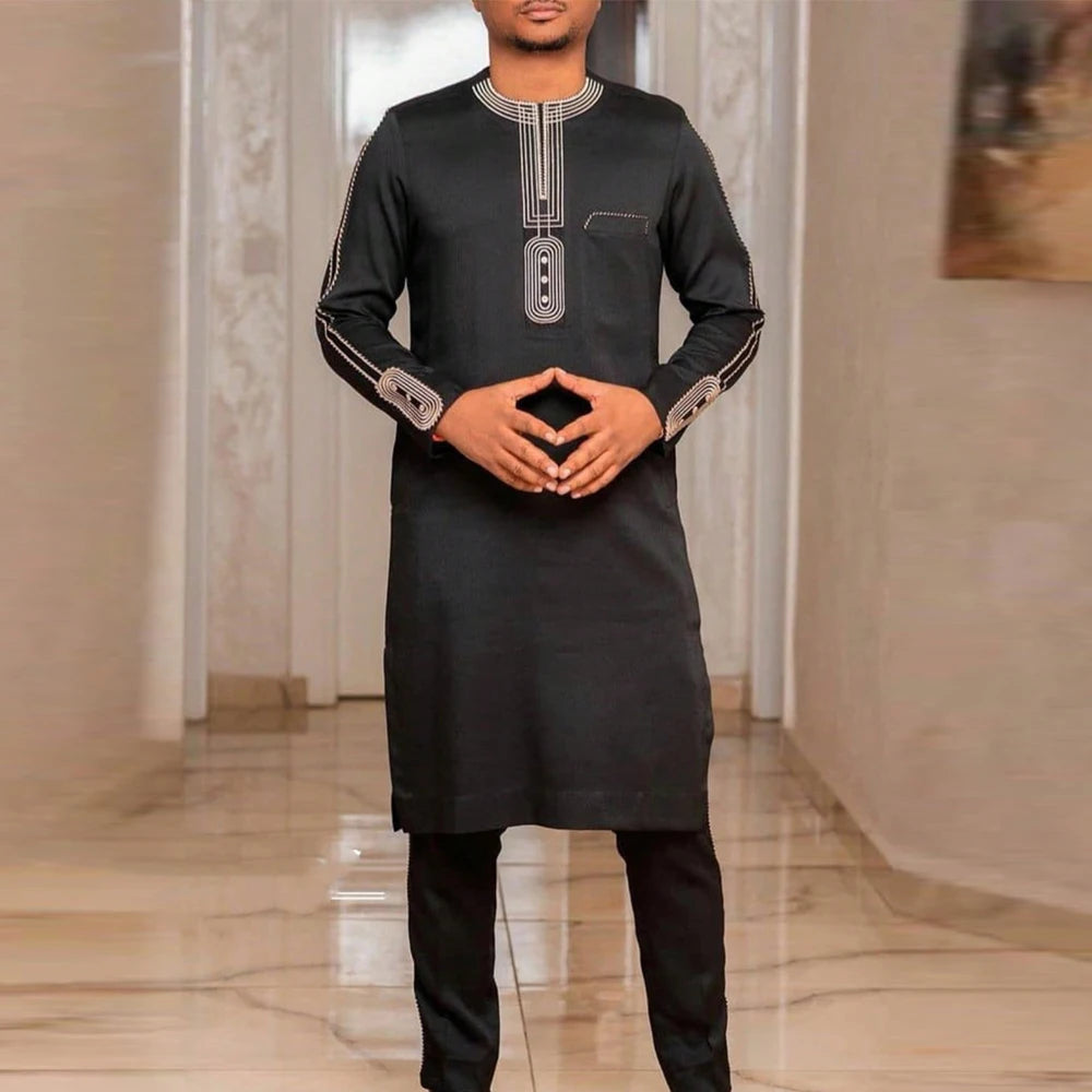Kaftan Men Wedding Suits Groom Embroidered Pocket Top And Pants Kaunda Suit African casual Outfits Party Fashion Two-piece Set