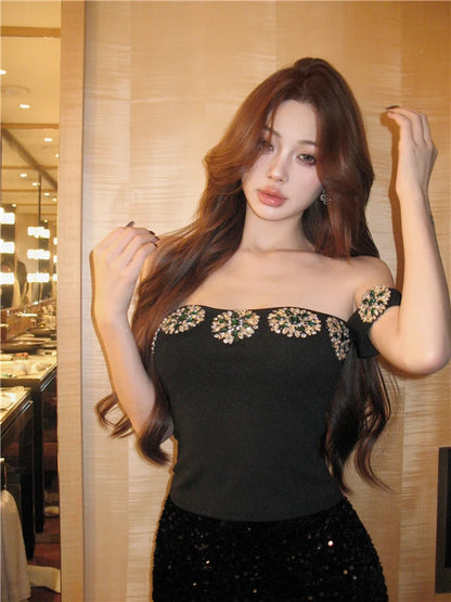 Korean Fashion Clothing Sexy Tanks Women Heavy Diamond 3D Floral Tanks Crop Tops Temperament Tunic Summer Camis 2025 Ropa Mujer