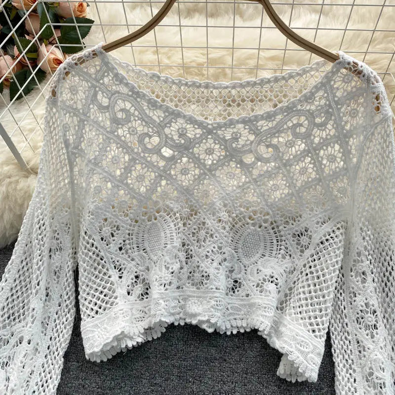 Blouses Women Retro Hollow Out All-match Sweet See-through Leisure Summer Sun-proof Korean Style Female Slim Crop Bohemian Ins