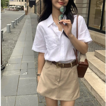 Linen Short-sleeved Shirt Women&