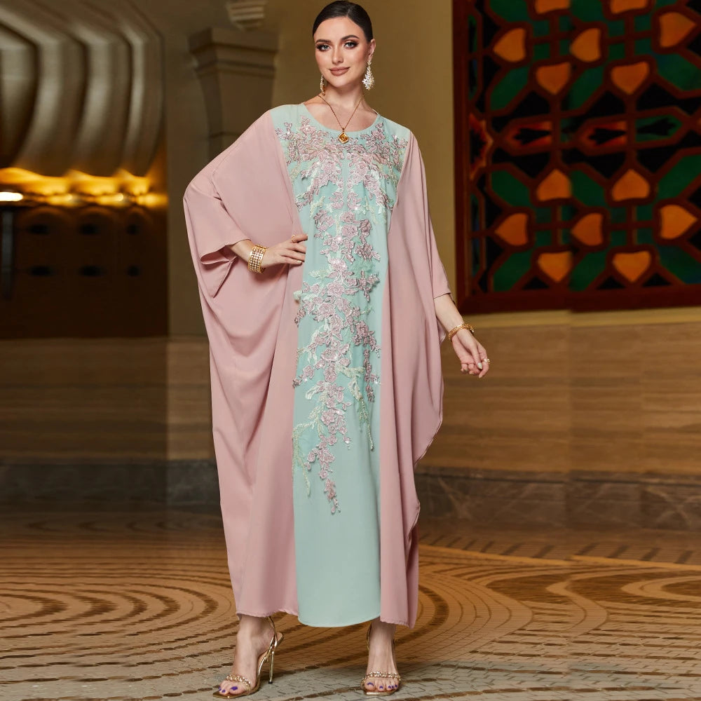 Moroccan Caftan Abayas Muslim Women Embroidery Bat Sleeve Maxi Dresses Eid Ramadan Kaftan Turkey Arabic Islamic Dubai Djellaba