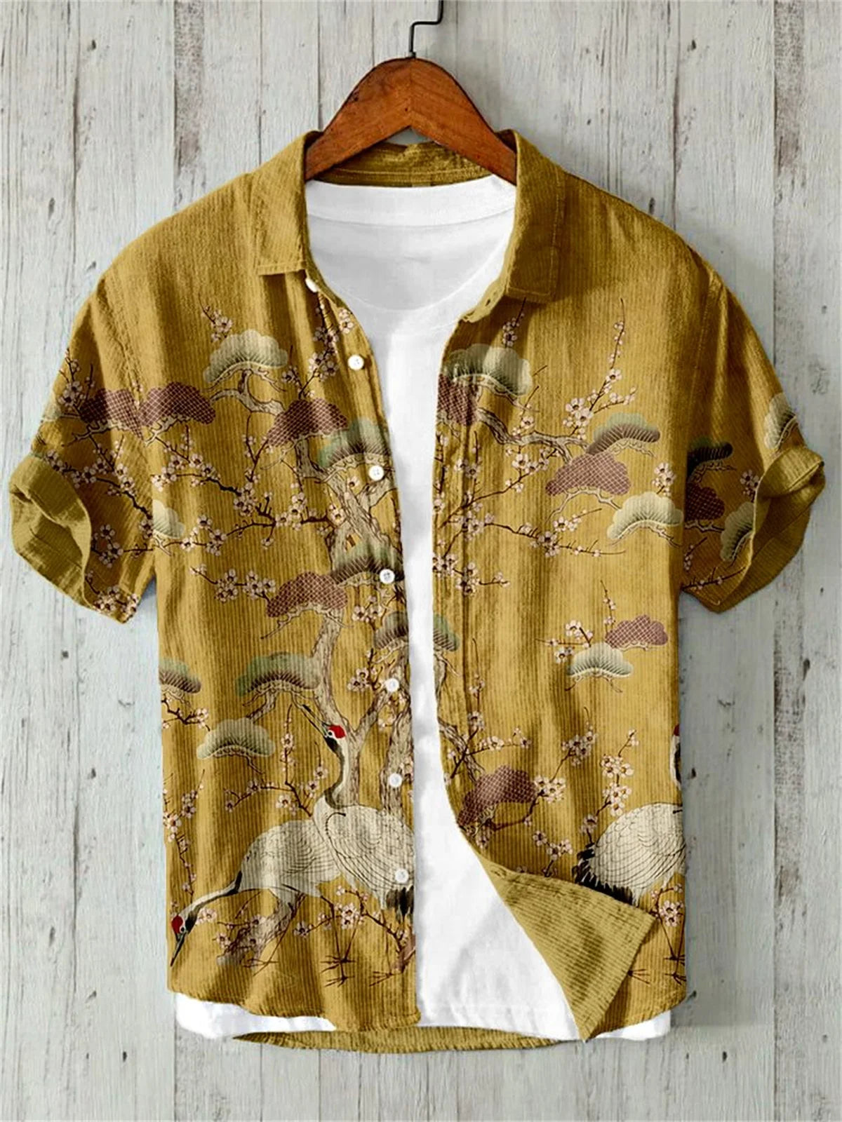 Linen Shirt for Men, 3D Print, Retro Japanese Art, Short Sleeve, Flip Collar, Casual Hawaii, Loose Beach Top, Pond, Fish, New,