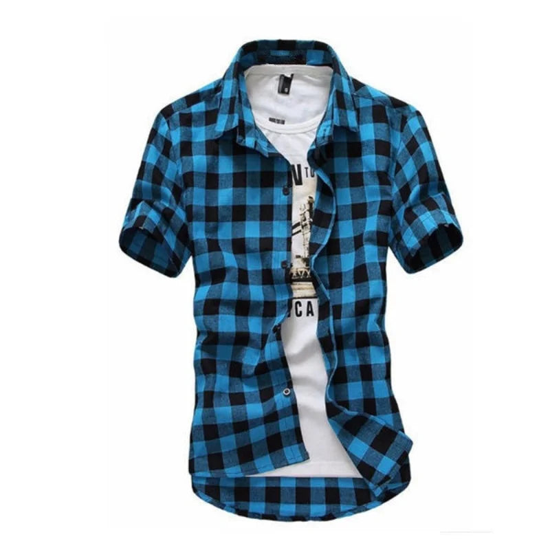 2025 New Summer Fashion Button Up Chemise Homme Checkered Shirts Men Short Sleeve Blouses Tops