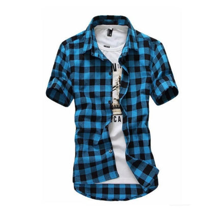 2025 New Summer Fashion Button Up Chemise Homme Checkered Shirts Men Short Sleeve Blouses Tops