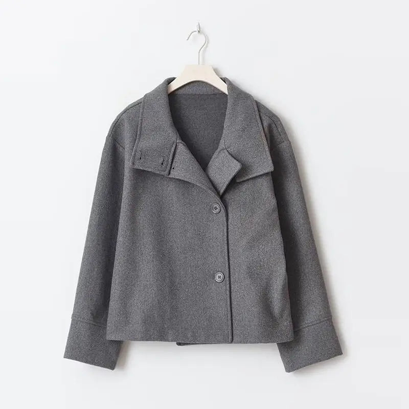 Women Fashion Stand Collar Woolen Jacket Single Breasted Long Sleeve Female Coat 2025 Autumn Chic Street Office Short Outerwears