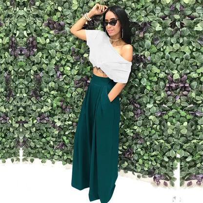 Women Casual Loose Palazzo Pants Autumn High Waisted Wide Leg Trousers Pleated Long Culottes Pants Elastic Waist Trouser Pockets