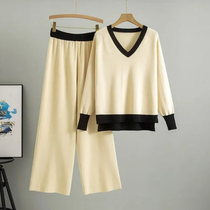 Fashionable Casual Suit for Women 2025 Spring and Autumn V-neck Contrasting Sweater Loose Wide-leg Pants Two-piece Set