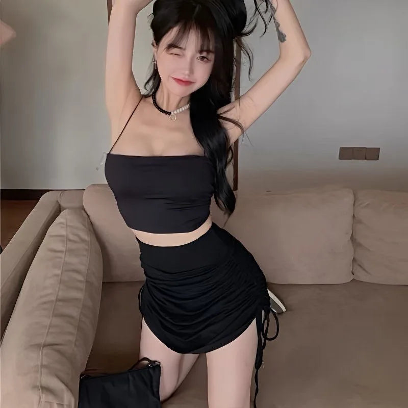 Sexy Women Summer Mini Skirts Drawstring High Waist Wrapped Hip Skirt Female Wild Solid Folds Slim Elastic Shorts Y2K Skirts