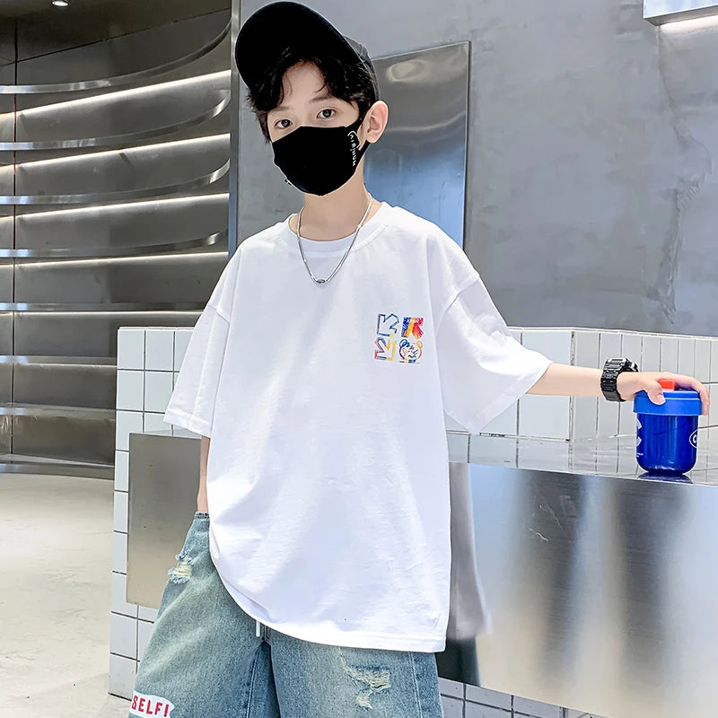 Kids Summer Clothes T-shirt for Boy Short Sleeve Cotton Tshirt Outfits Teenage Children Cartoon Print Clothing Age 5 To 14 Years