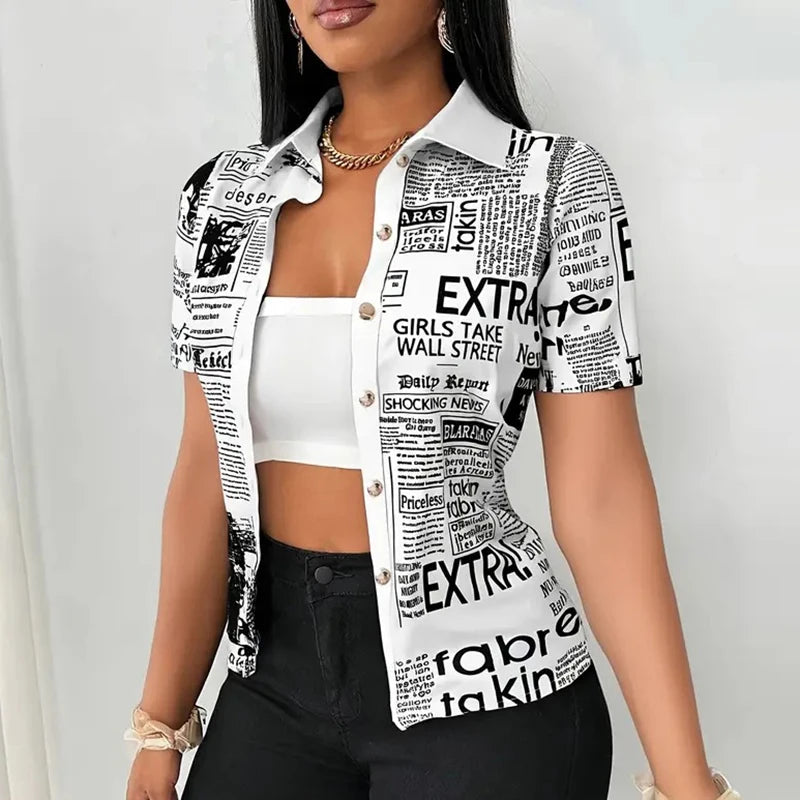 Summer Fashion Button Slim Fit Shirt Women Elegant Short Sleeve Single Breasted Letter Printed Blouses For Women Tops