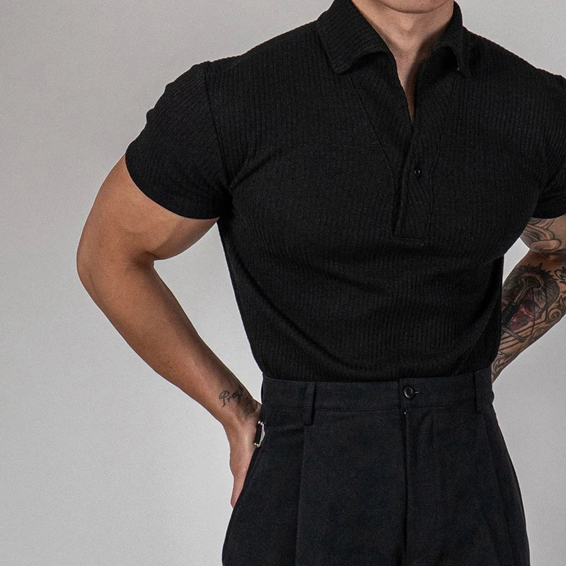 Trendy Ribbed Polo Shirts For Men Sports Fitness Muscle Short Sleeve Slim Stretch Tops Casual Pure Color Lapel Polo Mens T Shirt