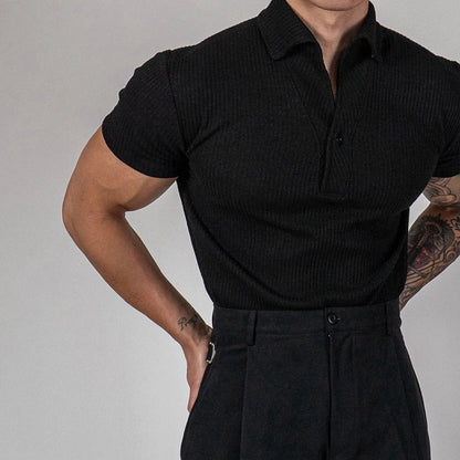 Trendy Ribbed Polo Shirts For Men Sports Fitness Muscle Short Sleeve Slim Stretch Tops Casual Pure Color Lapel Polo Mens T Shirt