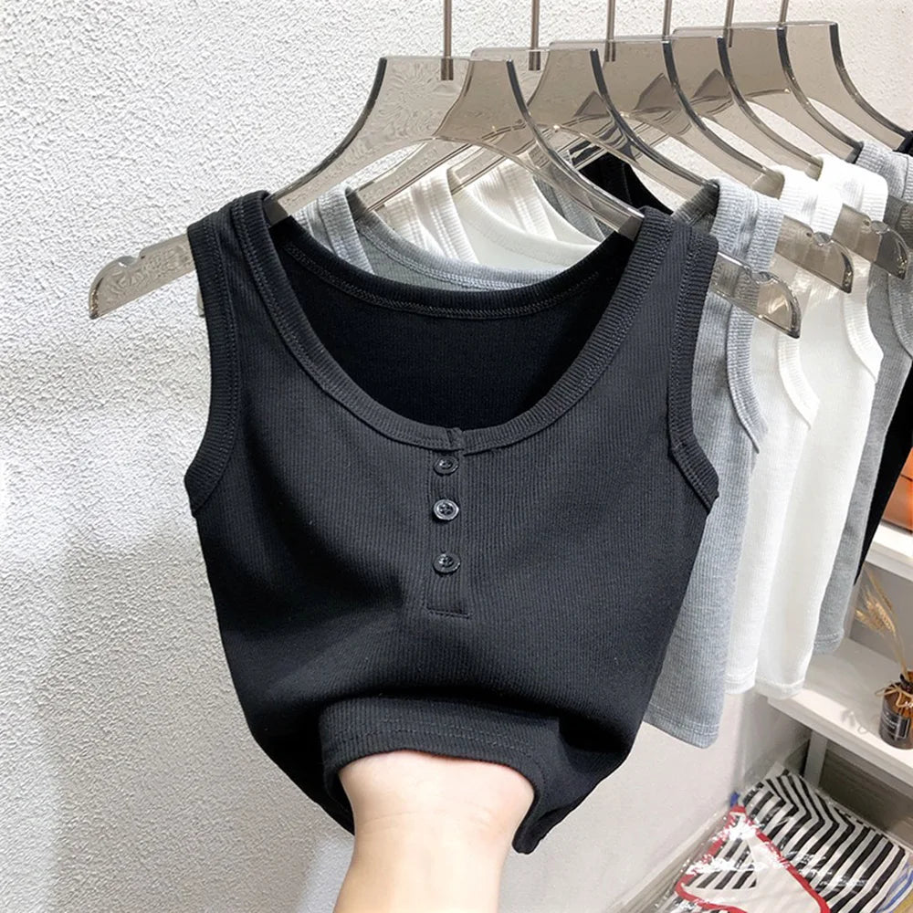 Tank Top for Women Ribbed Button Down Sleeveless Blouse Solid Color Casual Women&