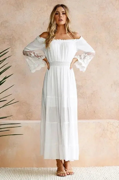 Sundress Swing Dress Women Elegant Long Sleeve Drawstring Slash Neck Lace Pleated Ruffle Loose Vacation Party Dresses Vestidos