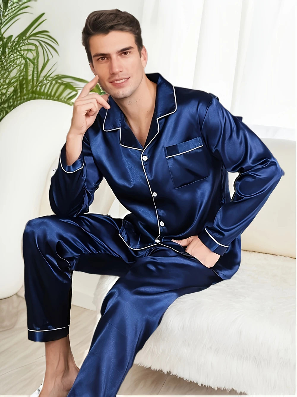 Men Pajama Sets Microfiber Sleepwear For Sleeping Man Shirt Silk Long Sleeve Pyjamas Male Home Night Wear Big size Loungewear