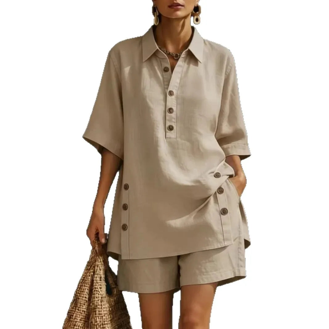 casual loose button shirts shorts two piece sets women fashion half sleeve spllit shirts suits summer elegant shorts outfits