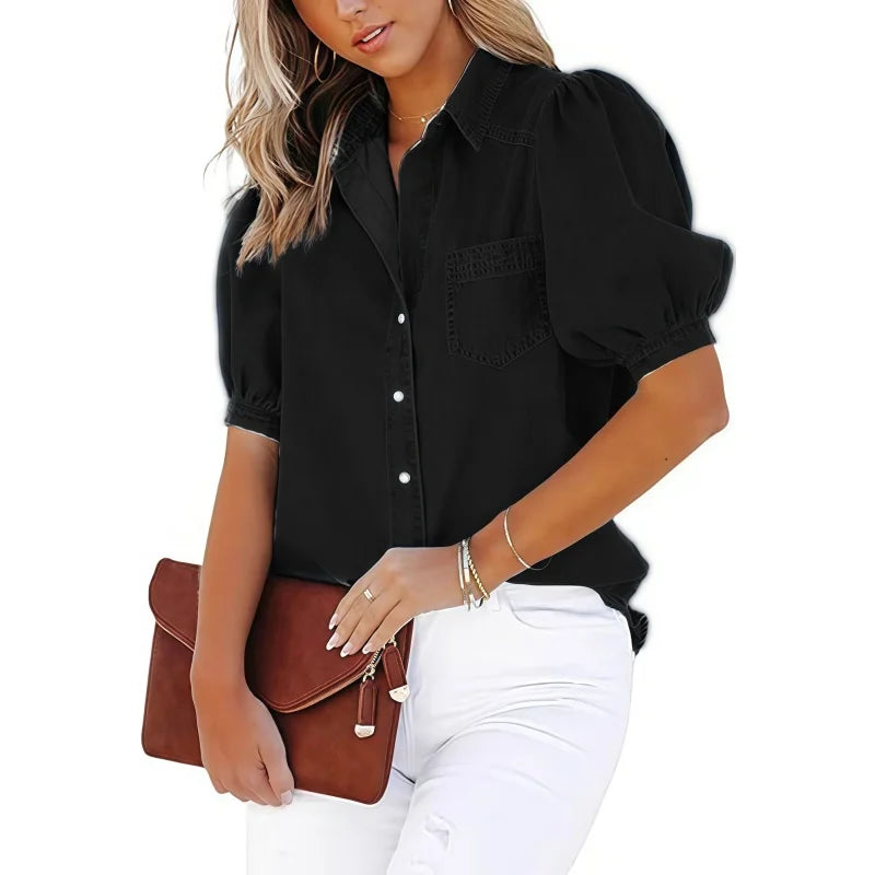 Women’s Casual Short Sleeve Shirt Loose Button Cotton Blouse Lightweight Breathable Summer Office Workwear Elegant Style
