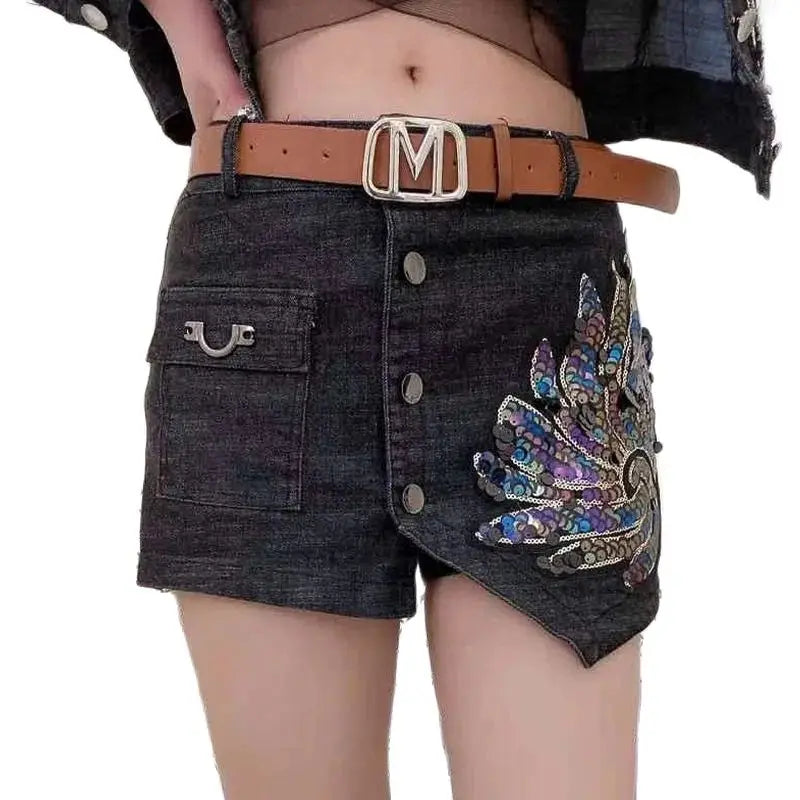 Fashion Sequin Denim Short Skirt Women Spring/Summer 2025 New Korean High Waist Slim Irregular Sexy Hot Pants White Black Casual
