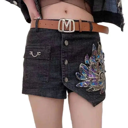 Fashion Sequin Denim Short Skirt Women Spring/Summer 2025 New Korean High Waist Slim Irregular Sexy Hot Pants White Black Casual