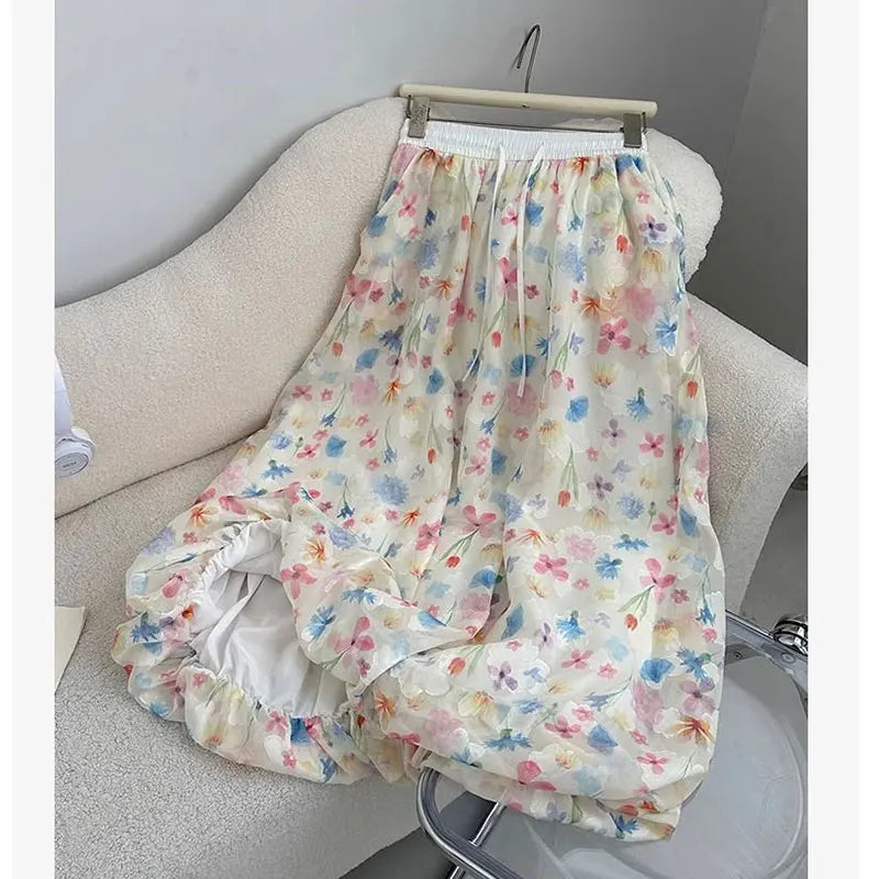 Summer French Style Floral Palazzo Pants Women High Waist Loose Boho Print Wide Leg Trousers with Drapery Comfortable &amp; Elegant