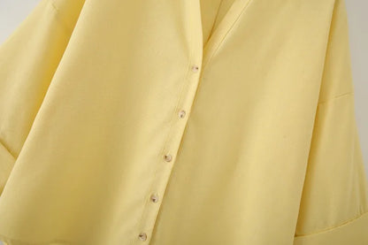 Womens Button Down Linen Shirts V Neck Roll Up Cuffed Sleeve Blouses Loose Collared Shirt Casual Formal Work Office Tops